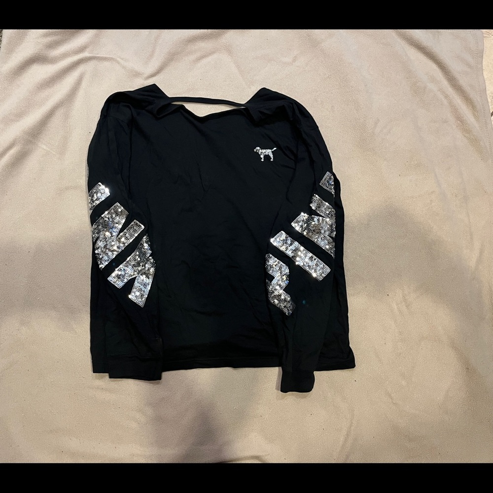 PINK Black sequin long sleeve top, with a dip in the back